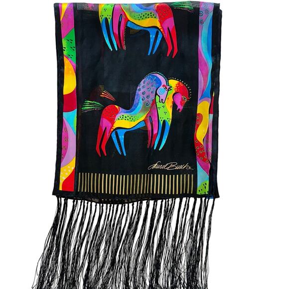 Laurel Burch Rainbow Unicorn Colorful Silky Scarf Oblong Fringe Trim Black - Picture 1 of 6